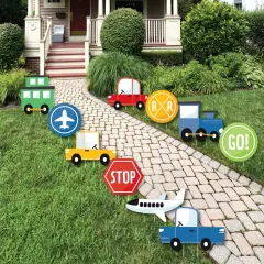 Big Dot of Happiness Cars, Trains, and Airplanes - Stop, Go, and Railroad Signs Lawn Decor - Outdoor Transportation Birthday Party Yard Decor - 10 Pc