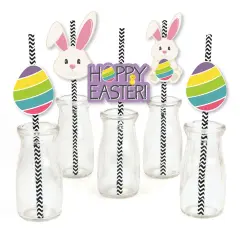 Big Dot of Happiness Hippity Hoppity Paper Straw Decor - Easter Bunny Party Striped Decorative Straws - Set of 24