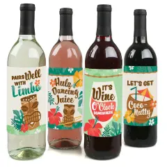 Big Dot of Happiness Tropical Luau - Hawaiian Beach Party Decorations for Women and Men - Wine Bottle Label Stickers - Set of 4