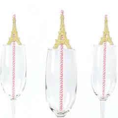 Big Dot of Happiness Gold Glitter Eiffel Tower Party Straws - No-Mess Real Glitter Cut-Outs & Baby Shower or Birthday Party Paper Straws - Set of 24