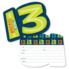 Big Dot of Happiness Boy 13th Birthday - Shaped Fill-In Invitations - Official Teenager Birthday Party Invitation Cards with Envelopes - Set of 12
