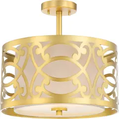 Nuvo Filigree 2-Light Natural Brass Semi Flush Mount w/ Beige Linen Shade