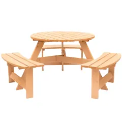 Wooden Outdoor Round Picnic Table with Bench for Patio, 6- Person with Umbrella Hole Stained