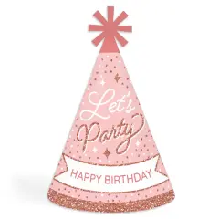 Big Dot of Happiness Pink Rose Gold Birthday - Cone Happy Birthday Party Hats for Kids and Adults - Set of 8 (Standard Size)