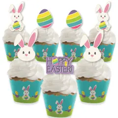 Big Dot of Happiness Hippity Hoppity - Cupcake Decoration - Easter Bunny Party Cupcake Wrappers and Treat Picks Kit - Set of 24