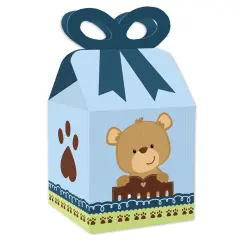 Big Dot of Happiness Baby Boy Teddy Bear - Square Favor Gift Boxes - Baby Shower Bow Boxes - Set of 12