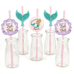 Big Dot of Happiness Trading The Tail for A Veil - Paper Straw Decor - Mermaid Bachelorette Party Bridal Shower Striped Decorative Straws - Set of 24