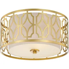 Nuvo Filigree 2-Light Decor Flush Mount w/ Beige Linen Shade in Natural Brass