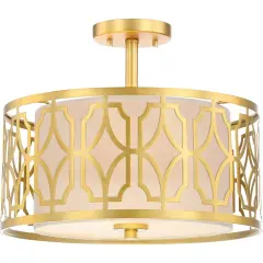 Nuvo Filigree 2-Light Semi Flush Mount w/ Beige Linen Shade in Natural Brass