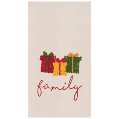 Christmas Presents "Family" French Knot Embroidered Cotton Beaded Guest Dishtowel