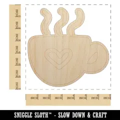 Steaming Hot Coffee Mug Cup with Heart Unfinished Wood Shape Piece Cutout for DIY Craft Projects