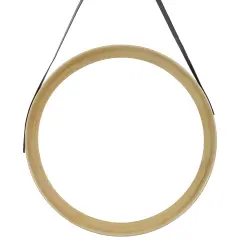 Northlight 20" Wooden Finish Round Wall Mirror with Black Hanging Strap Gold