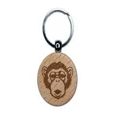 Chimpanzee Primate Ape Engraved Wood Round Keychain Tag Charm