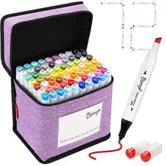 72 Primary Colors Alcohol Markers Set, Double Tipped Bullet & Chisel Art Marker Set for Coloring, Drawing, Sketching, 71 Classic Colors+1 Blender+1 Swatch+1 Purple Travel Case