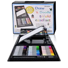 Darnassus 155-Piece Trifold Easel Art Set, Deluxe Professional Color Set, Compact Portable, with Crayons, Markers, Pencils, Color Cakes, and Sketch Pad, Crafts Gift for Ages 4-12