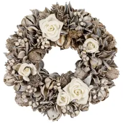 Northlight Glittered White Roses Winter Botanicals Artificial Christmas Wreath - 9.5" - Unlit Brown