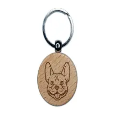 Frenchie French Bulldog Dog Head Engraved Wood Round Keychain Tag Charm