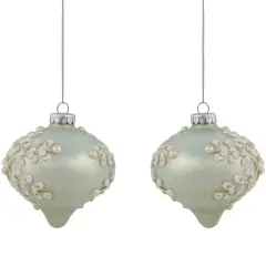 Northlight Set of 2 Pastel Green with Icy Snowflakes Christmas Glass Onion Ornaments 4" Blue