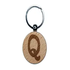 Letter Q Uppercase Cute Typewriter Font Engraved Wood Round Keychain Tag Charm