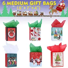 16 Pieces Christmas Bags Bulk Set Includes Assorted Sizes 3 Jumbo 5 Large 6 Medium 2 Wine Bags 16 Count Glitter Design with 12 Sheets Tissue Paper