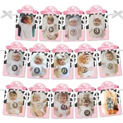 Big Dot of Happiness Pink First Rodeo - DIY Cowgirl 1st Birthday Decor - 1-12 Monthly Picture Display - Photo Banner