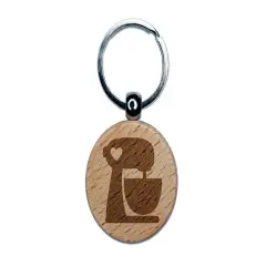 Baking Mixer with Heart Baker Engraved Wood Round Keychain Tag Charm