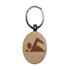 Swimming Symbol Engraved Wood Round Keychain Tag Charm