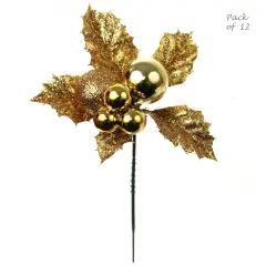 Set of 12: Sparkling Gold Glitter Holly Pick with Ornament Balls | Festive Holiday Accents | Trees, Wreaths, & Garlands | Christmas Picks | Home & Office Decor, Floral Home by Artificial Flowers