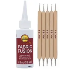 Fabric Fusion Fabric Glue Permanent Clear Washable 2oz for Patches, Rug Glue, Clothing Glue, No Sew Fabric Glue with Pixiss Art Dotting Stylus Pens 5 pcs Set