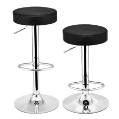 Set of 2 Round Leather Seat Chrome Leg Adjustable Hydraulic Swivel Bar Stool
