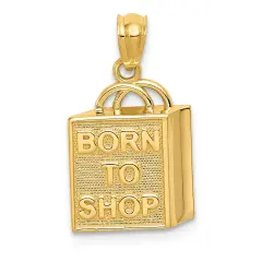 14K Yellow Gold Born to Shop Shopping Bag Charm Pendant Jewerly 14mm x 12mm