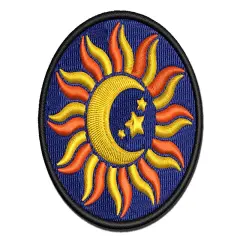 Celestial Sun Moon and Stars Multi-Color Embroidered Iron-On or Hook & Loop Patch Applique