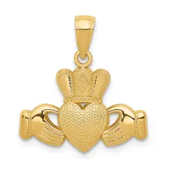 14K Gold Claddagh Pendant Charm Jewelry With Textured Crown 20 x 19 mm