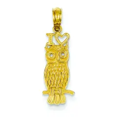 14K Gold I " Heart" Owl Pendant Charm Jewelry 23 x 8 mm