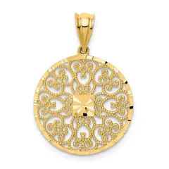 14K Gold Fancy Filigree & Diamond Cut Charm Pendant Jewelry 26 x 18 mm