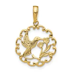 14K Gold Hummingbird Flower In Frame Pendant Charm Jewelry 23 x 16 mm