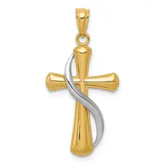 14K Two Tone Gold Flame Cross Pendant Charm Jewelry 31mm x 15mm
