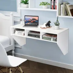 Wall Mounted Floating Sturdy Computer Table with Storage Shelf and Three Compartments Below Desk White