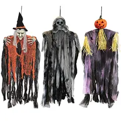 JOYIN 3 Pack 35" Hanging Ghost Halloween Decorations,Grim Reapers Hanging Witch for Halloween Outdoor Decorations(One Grim Reaper,One Hanging Witch,and One Hanging Reapers)