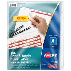 Avery 8 Tab Unpunched Dividers for Use with Any Binding System, Easy Print & Apply Clear Label Strip, Index Maker Customizable White Tabs, 5 Sets (11432)