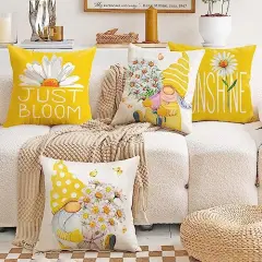 Outdoor Yellow Throw Pillow Covers 18x18 Set of 4 Spring Summer Decorative Cushion Cases Home D&eacute;cor Decorations for Patio Couch Chair Sofa,Daisy Floral Gnomes