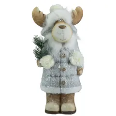 Northlight Frosted Ceramic Moose in Winter Coat Holding Pine Sprigs Christmas Figure - 18" Brown