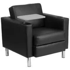 Emma and Oliver Guest Chair with Tablet Arm, Tall Chrome Legs and Cup Holder Black LeatherSoft