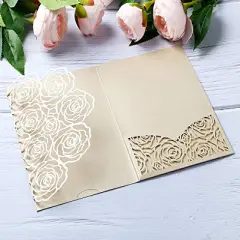 20 Pack Laser Cut Wedding Invitations Card Pocket with Envelope for Birthday Party Baby or Bride Shower Invite suitable for 5 * 7 Inches Insert Paper (Champagne)