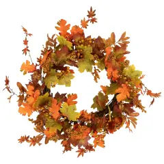 Northlight Gold Berries and Autumn Leaves Fall Harvest Artificial Twig Wreath - 22" - Unlit Orange