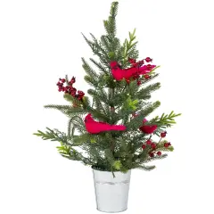 Northlight Pre-Lit LED Mixed Pine Potted Christmas Tree with Berries and Cardinals - 2' - Warm White Lights Green