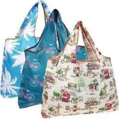 Wrapables Large Foldable Tote Nylon Reusable Grocery Bag, 3 Pack Going Places