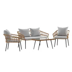 Merrick Lane Armon Four Piece Indoor/Outdoor Boho Open Weave Natural Rattan Rope Patio Set with Two Chairs, Loveseat and Table with Cushions Natural/Gray