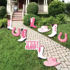 Big Dot of Happiness Rodeo Cowgirl - Cowboy Boots, Hat, and Horseshoe Lawn Decorations - Outdoor Pink Western Party Yard Decorations - 10 Piece