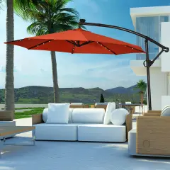 Costway 10FT Patio Offset Umbrella Solar Powered LED 360degrees Rotation Aluminum Beige/Blue/Turquoise/Navy/Orange/Burgundy/Gray